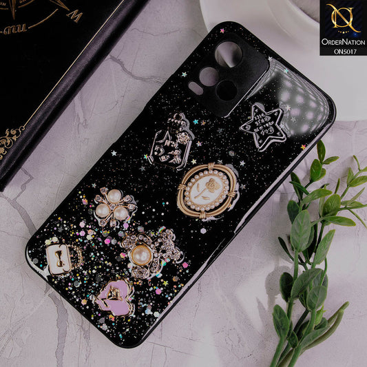 Vivo Y21t Cover - Black -  New Bling Bling Sparkle 3D Flowers Shiny Glitter Texture Protective Case