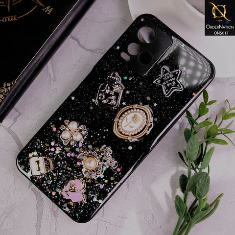 Vivo Y33t Cover - Black -  New Bling Bling Sparkle 3D Flowers Shiny Glitter Texture Protective Case