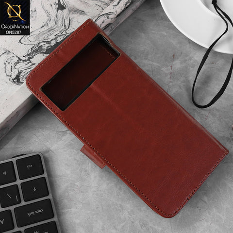 Google Pixel 7 Pro Cover - Brown - Premium PU Leather Magnetic Flip Book Card Slots Wallet Soft Case