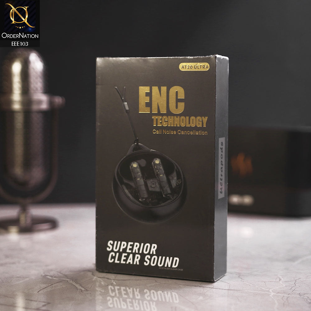 AT20 Ultra ENC Technology Clear Sound TWS  Earbuds with Pouch & neck Rope 300mAh - Black