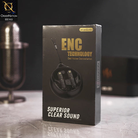 AT20 Ultra ENC Technology Clear Sound TWS  Earbuds with Pouch & neck Rope 300mAh - Black