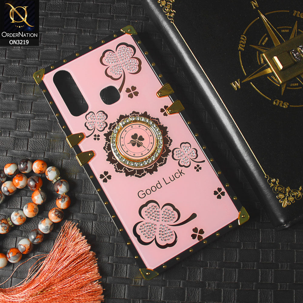 Vivo Y17 Cover - Pink - Square Bling Diamond Glitter Soft TPU Trunk Case with Ring Holder