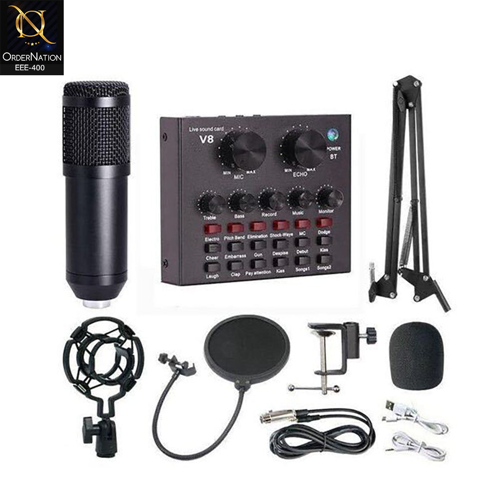 Professional Condenser Microphone V10 with Live Sound Card | Studio Quality Vocal Recording Microphone