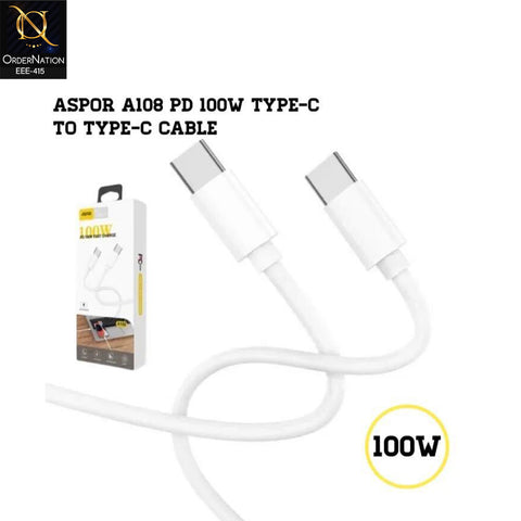 Aspor A108 PD 100W Fast Charging Type-C to Type-C Cable for Laptops & Smartphones