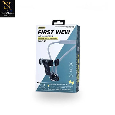 Remax RM-C55 First View Neck Phone Holder – 360° Rotating POV Vlogging Mount for Overhead, Landscape & Vertical Shooting (Grey, Clip Type)