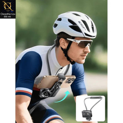 Remax RM-C55 First View Neck Phone Holder – 360° Rotating POV Vlogging Mount for Overhead, Landscape & Vertical Shooting (Grey, Clip Type)