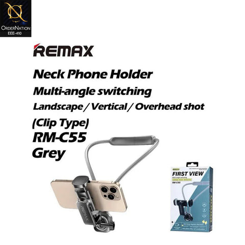 Remax RM-C55 First View Neck Phone Holder – 360° Rotating POV Vlogging Mount for Overhead, Landscape & Vertical Shooting (Grey, Clip Type)