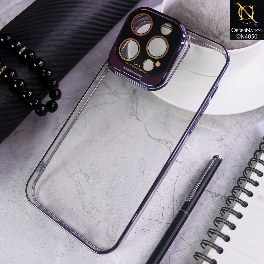 iPhone 14 Pro Max Cover - Purple- New Clear Slim Phone Case With Transparent Luxury Plating Fold Holder Camera Lens Stand Phone Case