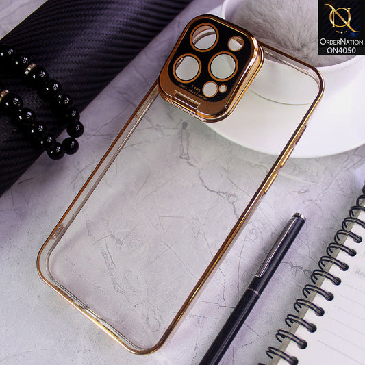 iPhone 12 Pro Max Cover - Golden- New Clear Slim Phone Case With Transparent Luxury Plating Fold Holder Camera Lens Stand Phone Case