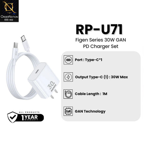 REMAX RP-U71 Figen Series 30W GaN Type-C Fast Charger with RC-C021 Cable Set