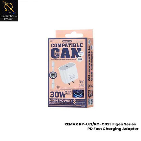 REMAX RP-U71 Figen Series 30W GaN Type-C Fast Charger with RC-C021 Cable Set