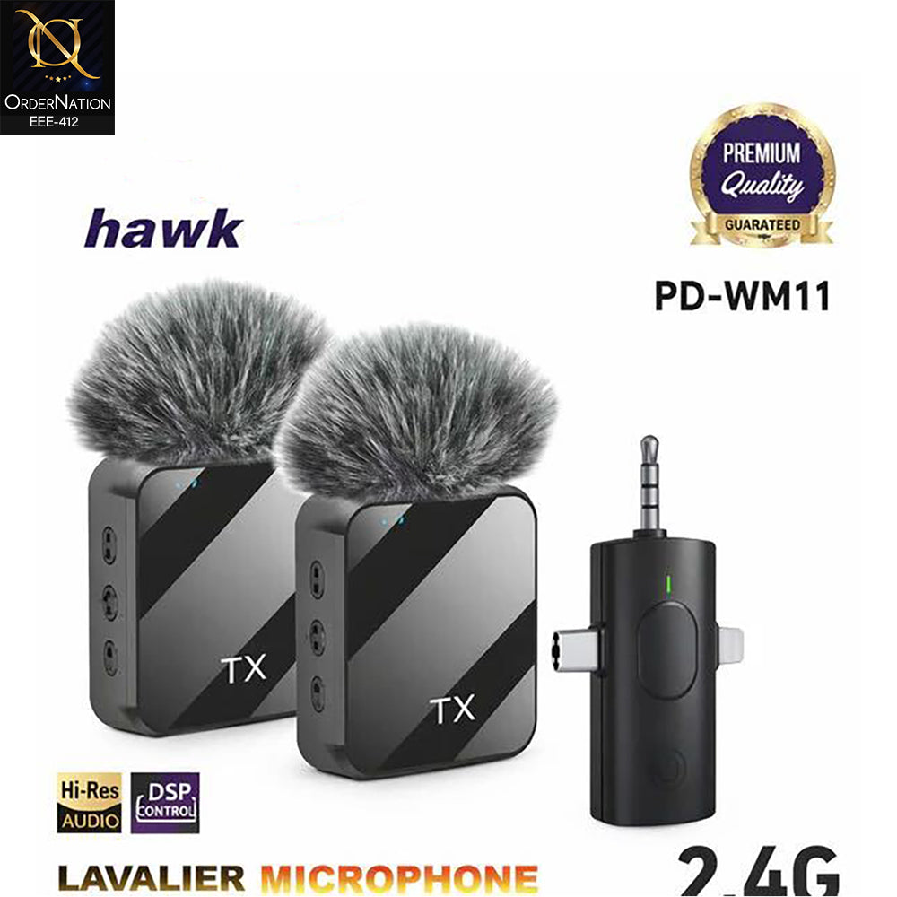 Hawk PD-WM11 3-in-1 Dual Wireless Lavalier Microphone with DSP Noise Cancellation for iPhone, Type-C & 3.5mm
