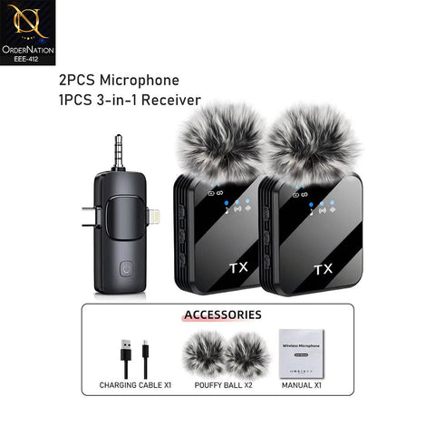 Hawk PD-WM11 3-in-1 Dual Wireless Lavalier Microphone with DSP Noise Cancellation for iPhone, Type-C & 3.5mm