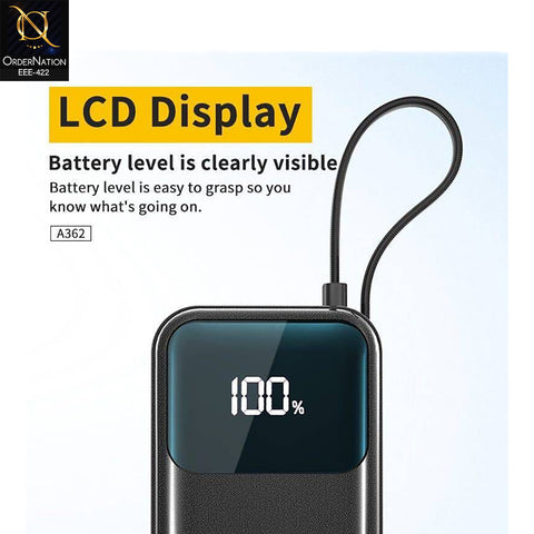 Aspor A362 20000mAh 65W Fast Charging Power Bank with Built-In Cables for Laptops & Mobiles