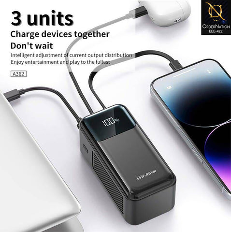 Aspor A362 20000mAh 65W Fast Charging Power Bank with Built-In Cables for Laptops & Mobiles