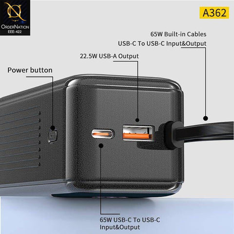 Aspor A362 20000mAh 65W Fast Charging Power Bank with Built-In Cables for Laptops & Mobiles