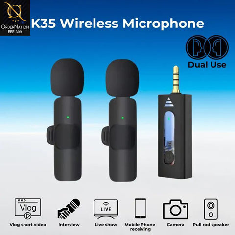 K35 Dual Wireless Microphone - 3.5mm Aux Lavalier Lapel Mic for Vlog, Interview & Live Show
