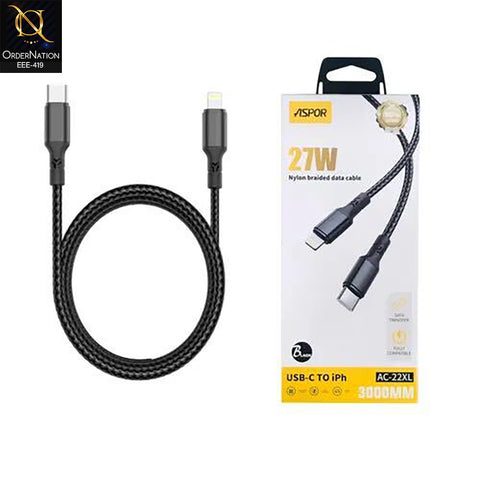 Aspor AC-22XL 27W TYPE-C to Lightning Nylon Braided Fast Charging Data Cable - 3000mm Black