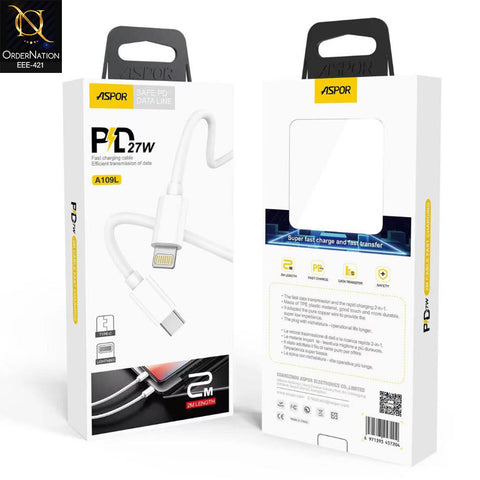 Aspor A109L 27W Type-C to Lightning PD Fast Charging Data Cable - 2M White
