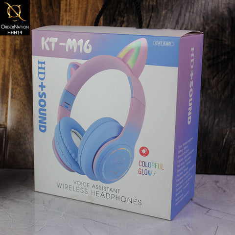 KT-M16 Wireless On-Ear Bluetooth Headset with Cute Ears and LED Light - Blue&Pink