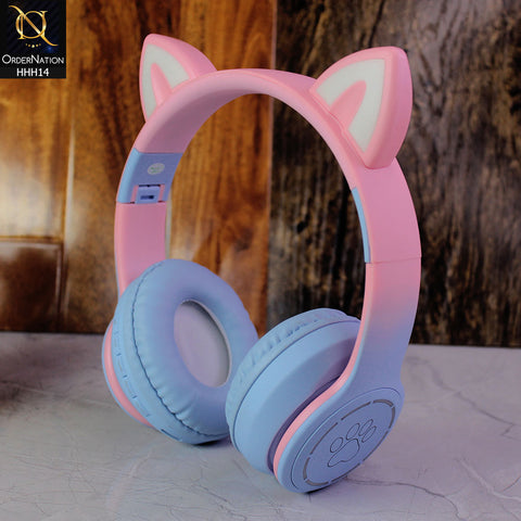 KT-M16 Wireless On-Ear Bluetooth Headset with Cute Ears and LED Light - Blue&Pink