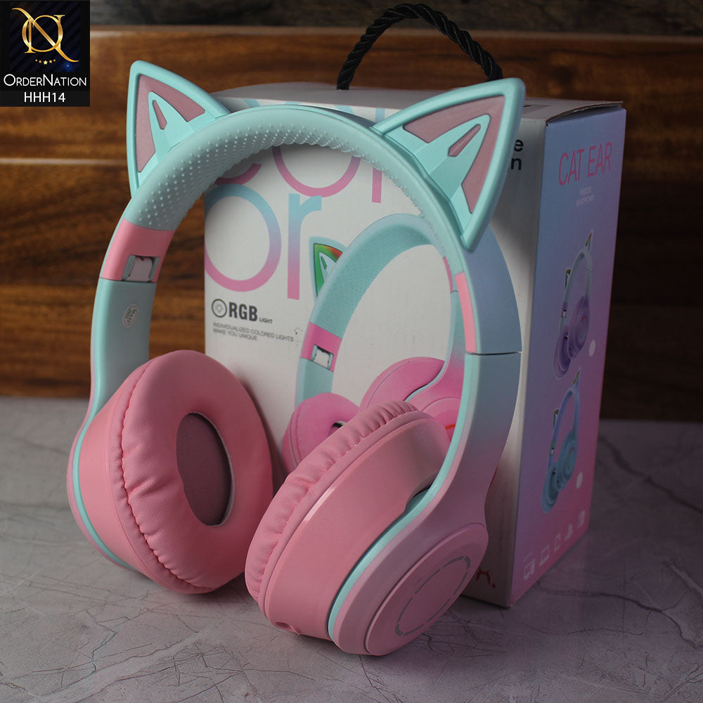 KT-M16 Wireless On-Ear Bluetooth Headset with Cute Ears and LED Light - Pink&Green