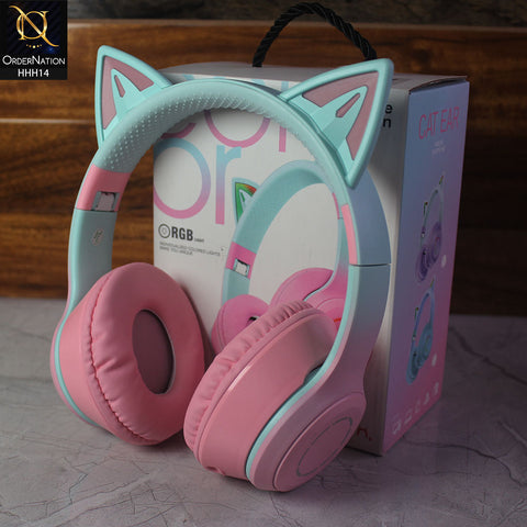 KT-M16 Wireless On-Ear Bluetooth Headset with Cute Ears and LED Light - Pink&Green