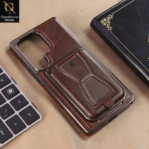 Samsung Galaxy S25 Ultra Cover - Dark Brown - Rimbmax Premium Leather Protective Case With Portable Folding Bracket Card Holder