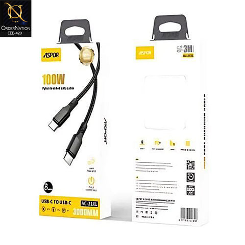 Aspor 100W Type-C to Type-C Braided Data Cable (3M / 3000mm) | AC-21XL