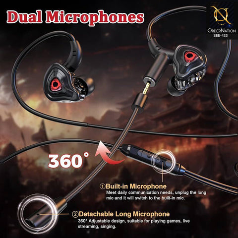 Wired Gaming Earphones with 3.5mm Cable & Detachable Mic | Dual Microphone In-Ear Gaming Headset