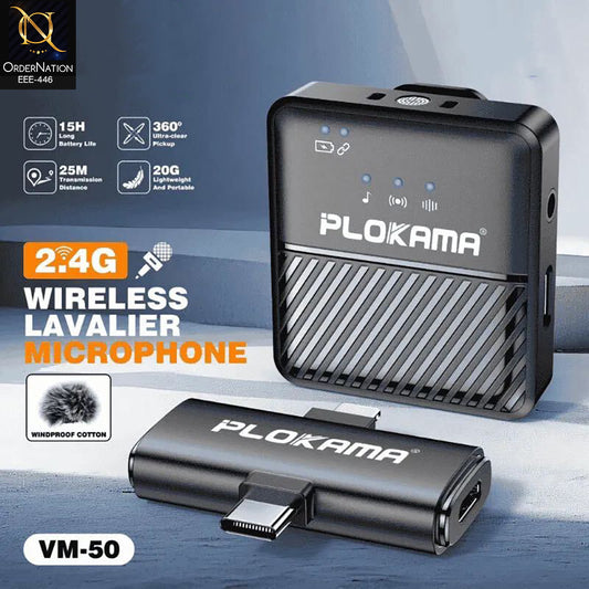 Plokama VM-50 2.4G Wireless Broadcast Lavalier Microphone with ANC Noise Reduction (200mAh)