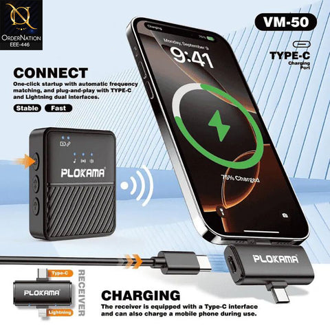 Plokama VM-50 2.4G Wireless Broadcast Lavalier Microphone with ANC Noise Reduction (200mAh)