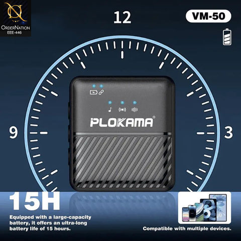 Plokama VM-50 2.4G Wireless Broadcast Lavalier Microphone with ANC Noise Reduction (200mAh)