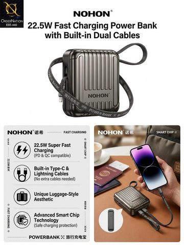 NOHON NX-W35S 22.5W Fast Charging Power Bank 5300mAh Rated Dual Cable Travel Charger 5V 3A Total Output