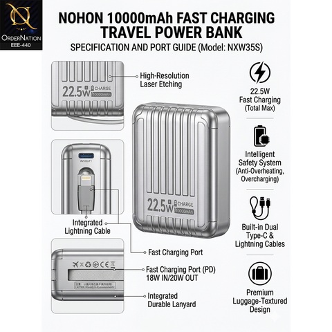 NOHON NX-W35S 22.5W Fast Charging Power Bank 5300mAh Rated Dual Cable Travel Charger 5V 3A Total Output