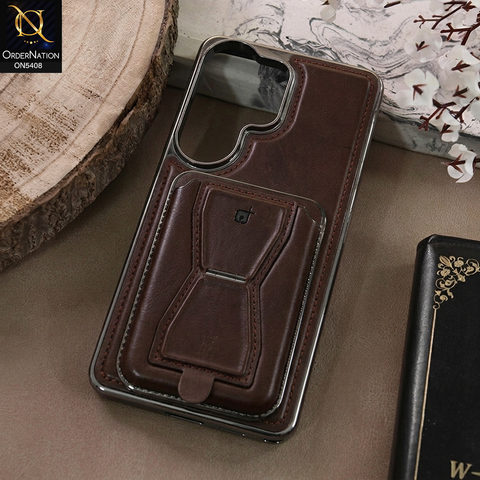Samsung Galaxy S26 Ultra - Dark Brown - Rimbmax Premium Leather Protective Case With Portable Folding Bracket Card Holder