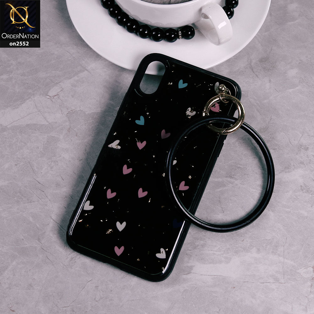 iPhone XS / X - Black - Stylish Shiny Gold Foil Flying Hearts Circle Ring Holder Soft Case