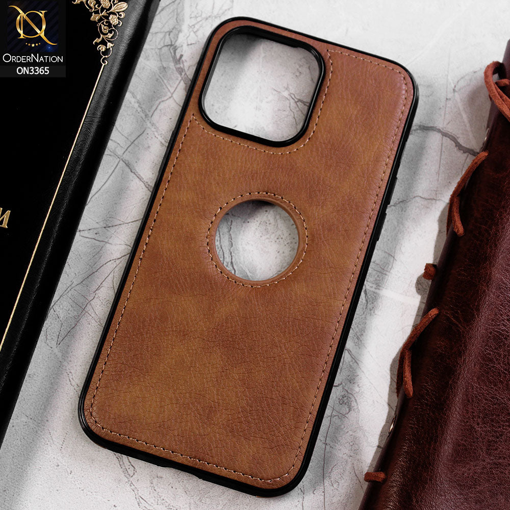 iPhone 15 Pro Cover - Brown - Vintage Luxury Business Style TPU Leather Stitching Logo Hole Soft Case