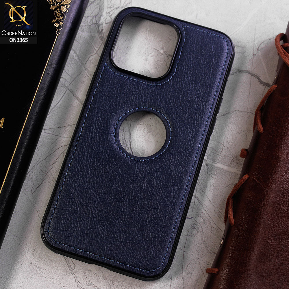 iPhone 15 Pro Max Cover - Blue - Vintage Luxury Business Style TPU Leather Stitching Logo Hole Soft Case