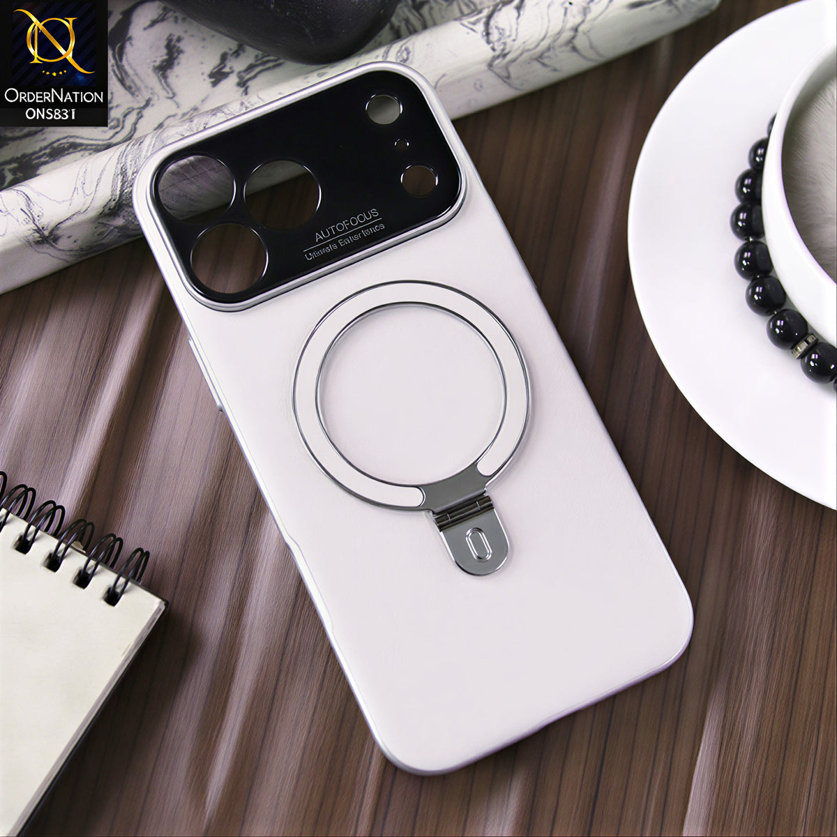 IPhone 17 Pro Max Cover - White - Camera Finger Ring Kickstand Cover Magnetic Leather Feel Case,Protective Back Cover