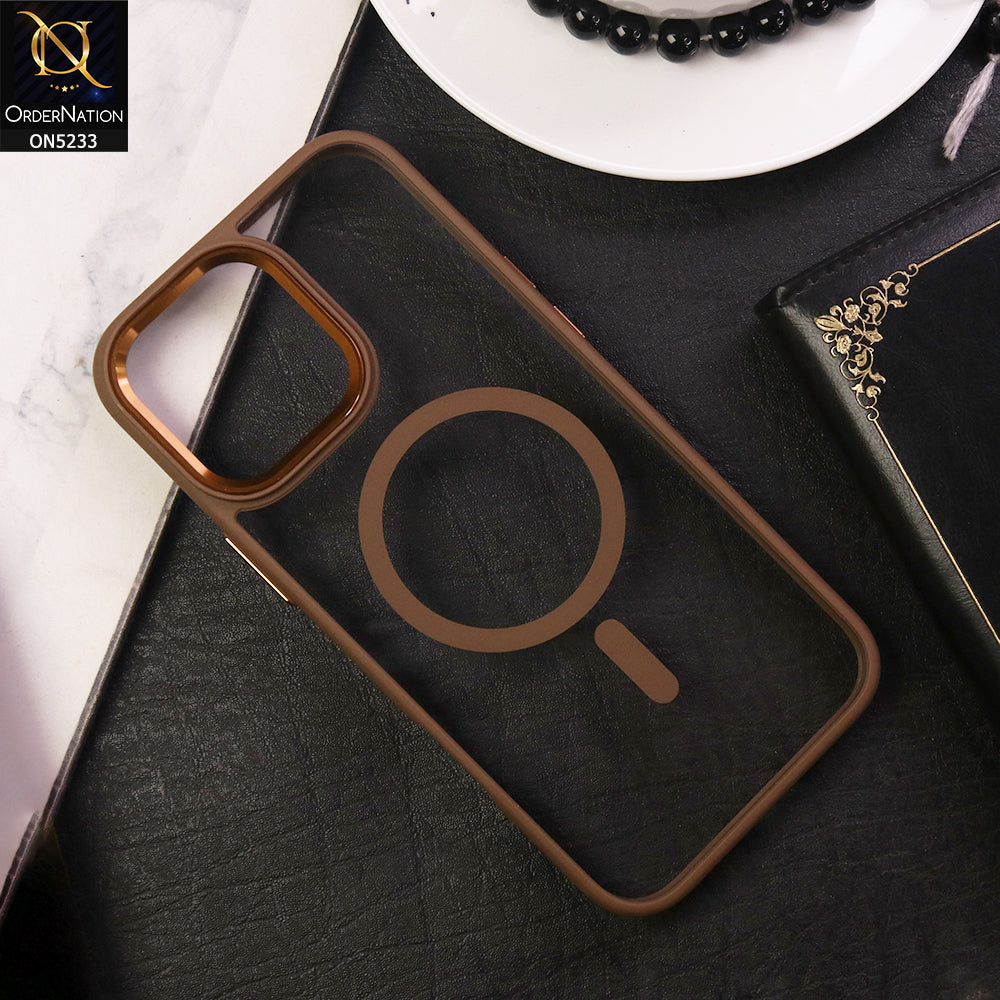 iPhone 16 Pro Max Cover - Brown - New Metal Camera Ring Design Clear Transparent Magsafe Back 360 Degree Soft Borders Protective Case