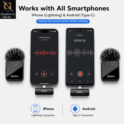 BOYA BY-MW9 Wireless Dual Microphone for Live Streaming & Content Creation With Type C & lightning Adapter