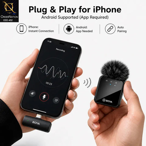 BOYA BY-MW9 Wireless Dual Microphone for Live Streaming & Content Creation With Type C & lightning Adapter