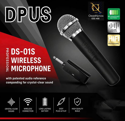 Professional Wireless Rechargeable Handheld Microphone DS-01S with Receiver for Karaoke, Events & Presentations With 6.5mm Microphone Jack