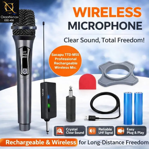 Professional Rechargeable UHF Wireless Handheld Microphone TTDM55 with Receiver for Karaoke, Stage & Events With 6.5mm Microphone Jack