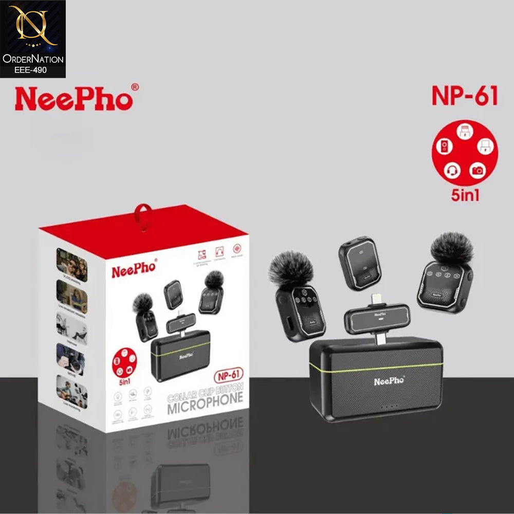NeePho NP-61 Wireless Lavalier Microphone 5-in-1 Dual Collar Clip Button Mic with Charging Case for iPhone Type-C Camera