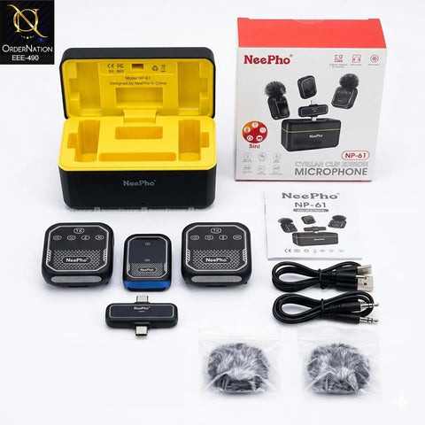 NeePho NP-61 Wireless Lavalier Microphone 5-in-1 Dual Collar Clip Button Mic with Charging Case for iPhone Type-C Camera