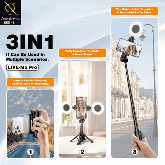 Plokama LIVE-M5 Pro 3-in-1 Handle Tripod Selfie Stick with Dual LED Ring Lights