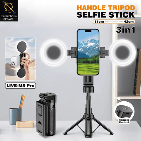 Plokama LIVE-M5 Pro 3-in-1 Handle Tripod Selfie Stick with Dual LED Ring Lights