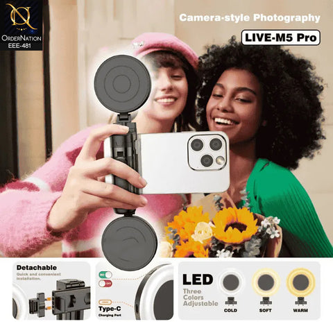 Plokama LIVE-M5 Pro 3-in-1 Handle Tripod Selfie Stick with Dual LED Ring Lights